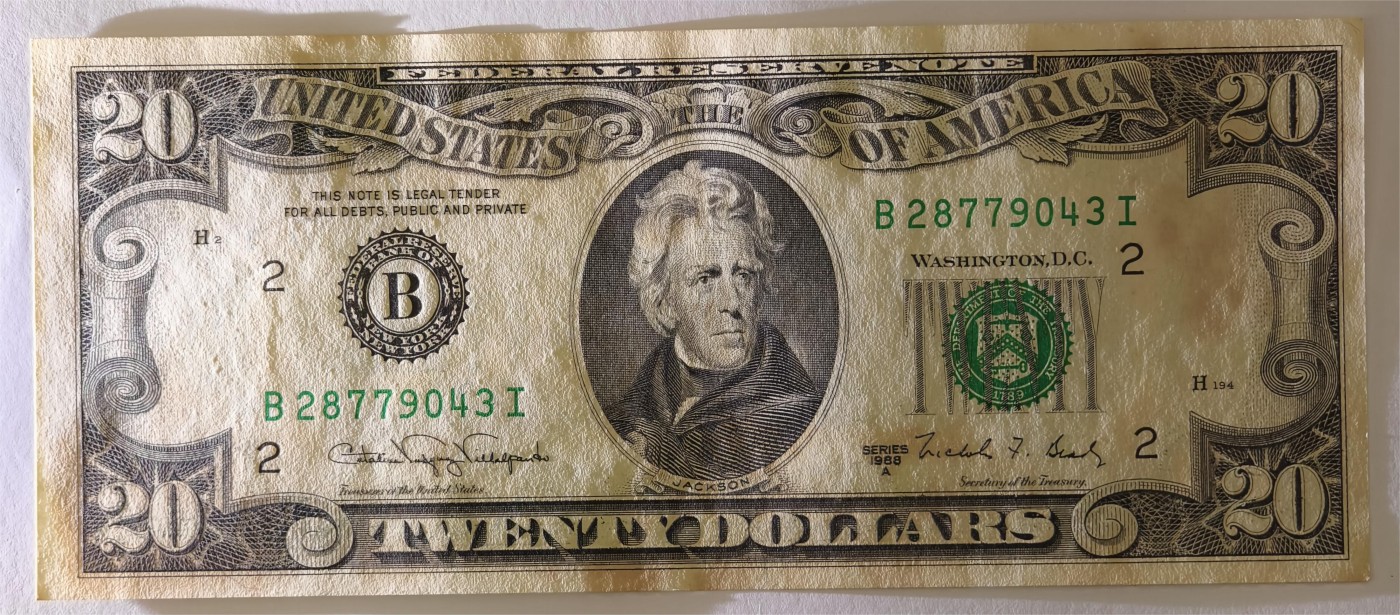 紫瑗钱币——第333期拍卖——纸币场 美国 1988年 B版 A序列 安德鲁·杰克逊 20美元 小头版 UNC（有大黄斑）
