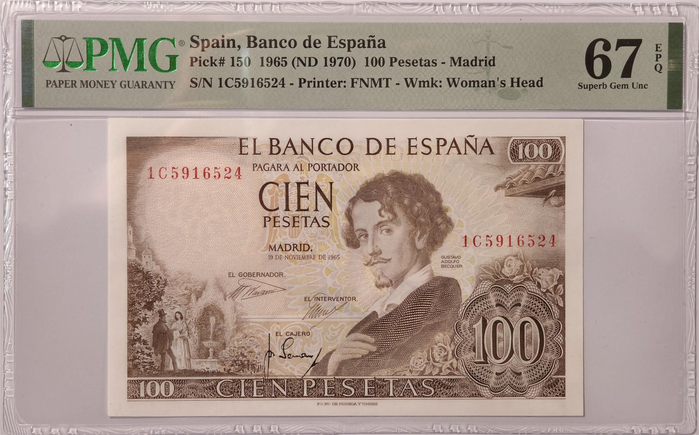 紫瑗钱币——第375期拍卖——纸币场 【PMG 67EPQ】西班牙 1965年 古斯塔沃·阿道夫·贝克凯尔 100比塞塔 (P-150)