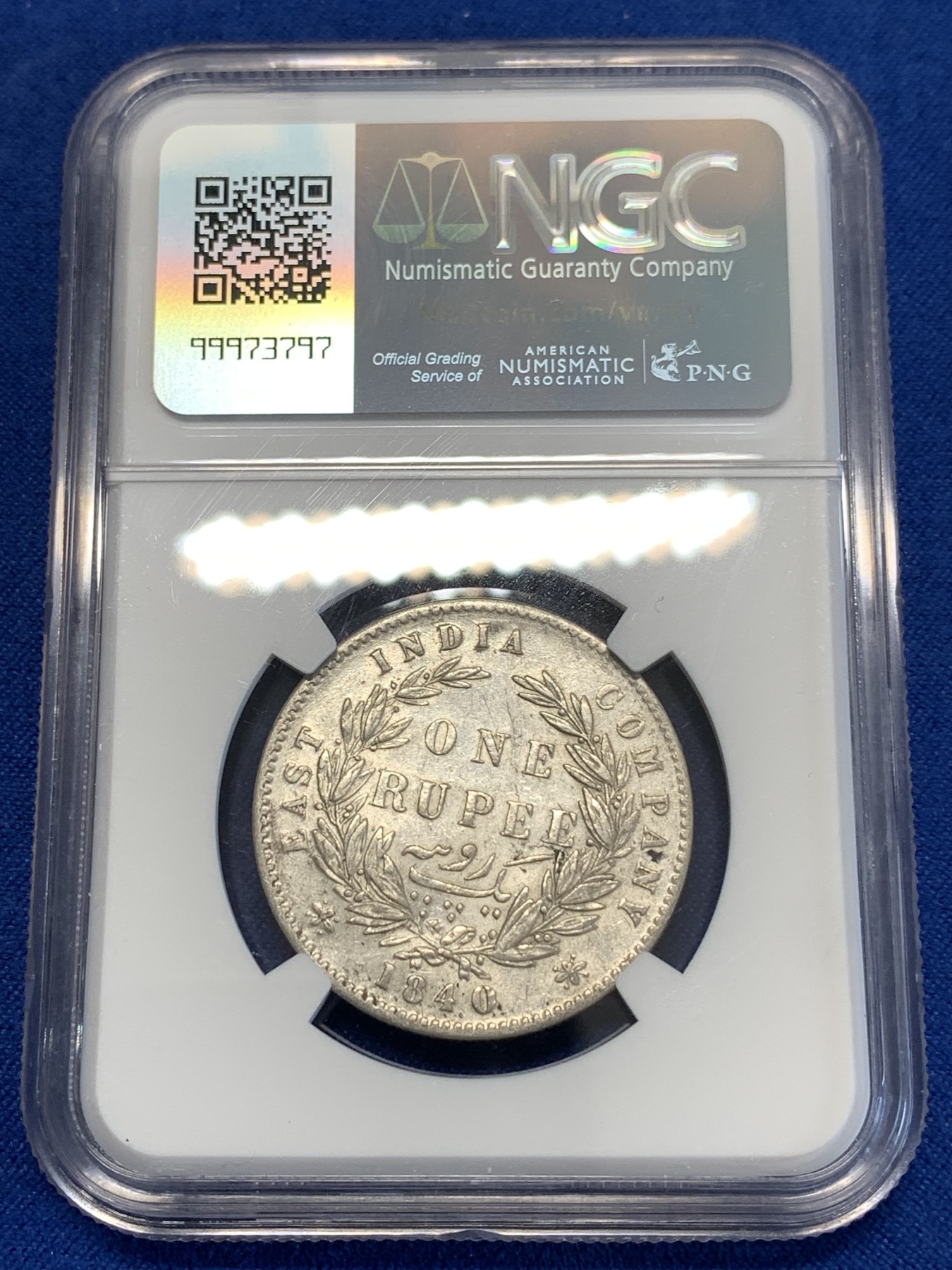 《竞宝斋》第252场-周日，周一2场连拍 (全场包邮) NGC AU50 英属印度1840年维多利亚女王双辫版1卢比银币