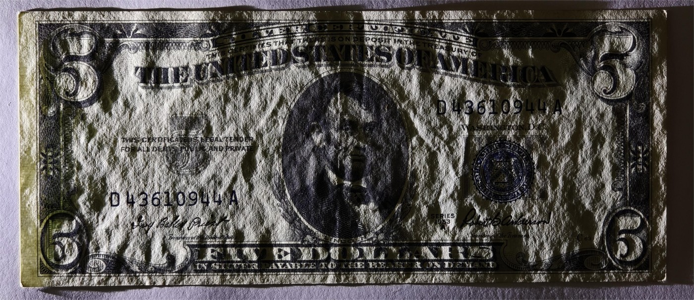 紫瑗钱币——第333期拍卖——纸币场 【双尾4】美国 1953年 A序列 亚伯拉罕·林肯 5美元 蓝印 银元券 AU