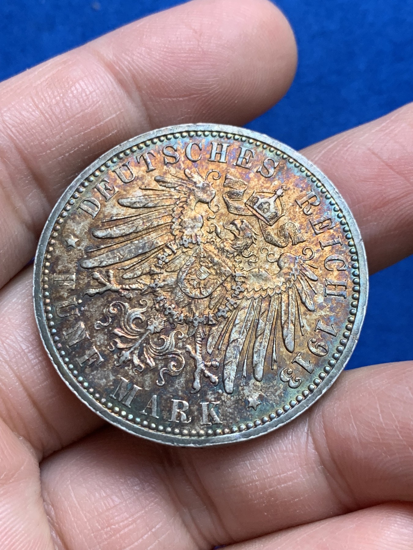 《竞宝斋》第252场-周日，周一2场连拍 (全场包邮) 德国 汉堡双狮  1913年长翅鹰 5马克 大银币 ，背部带光，包浆绚丽