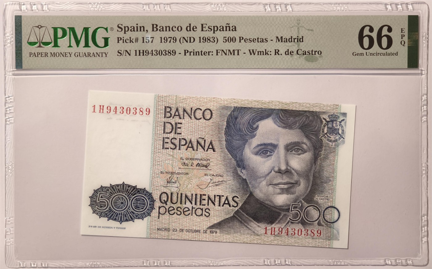 紫瑗钱币——第375期拍卖——纸币场 【PMG 66 EPQ】西班牙 1979(1983)年 罗莎莉亚·德·卡斯特罗 500比塞塔 (P-157)