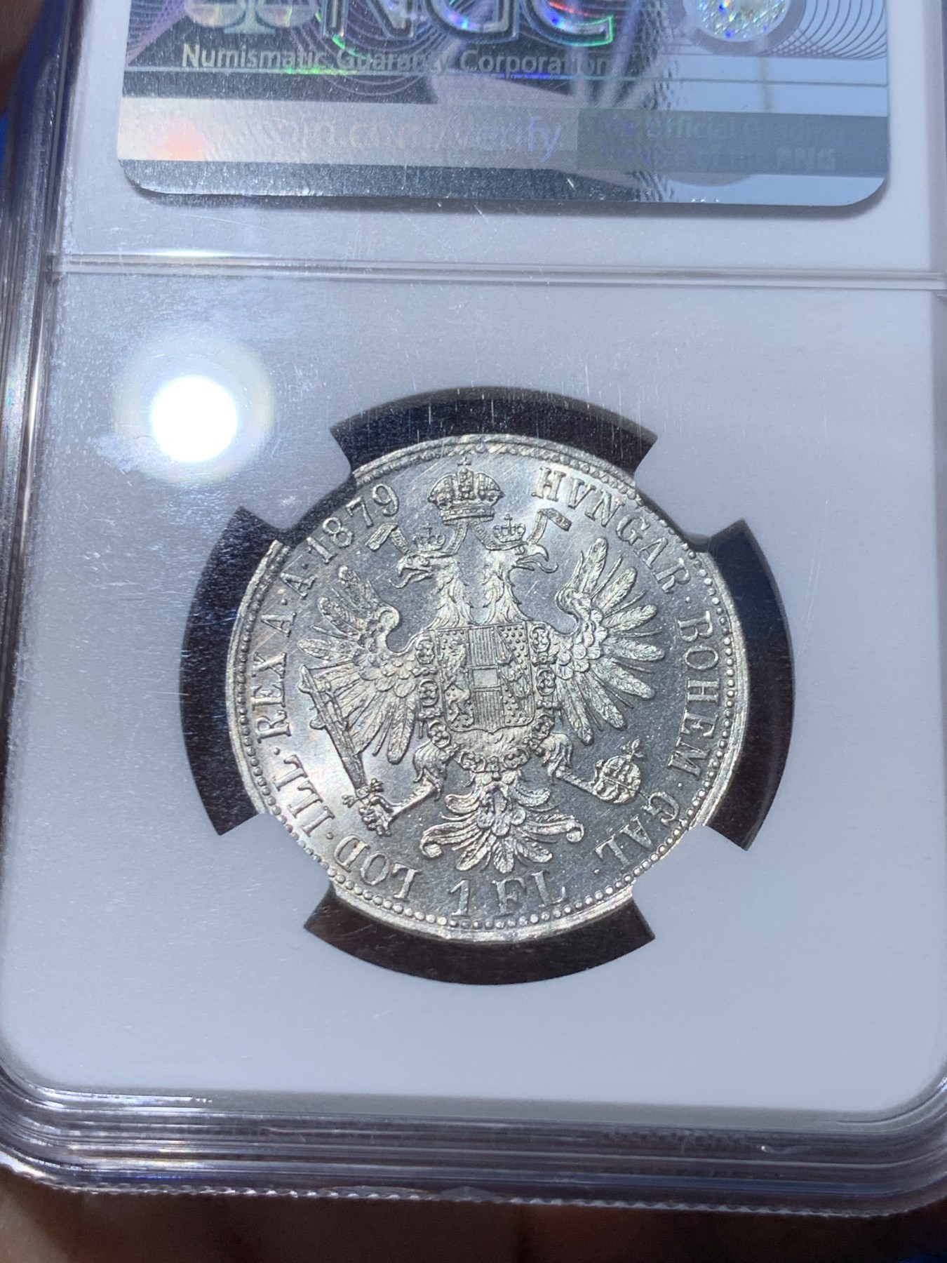 《竞宝斋》第252场-周日，周一2场连拍 (全场包邮) NGC MS64 1879年奥匈帝国奥地利佛罗林银币 高转光 高分少见