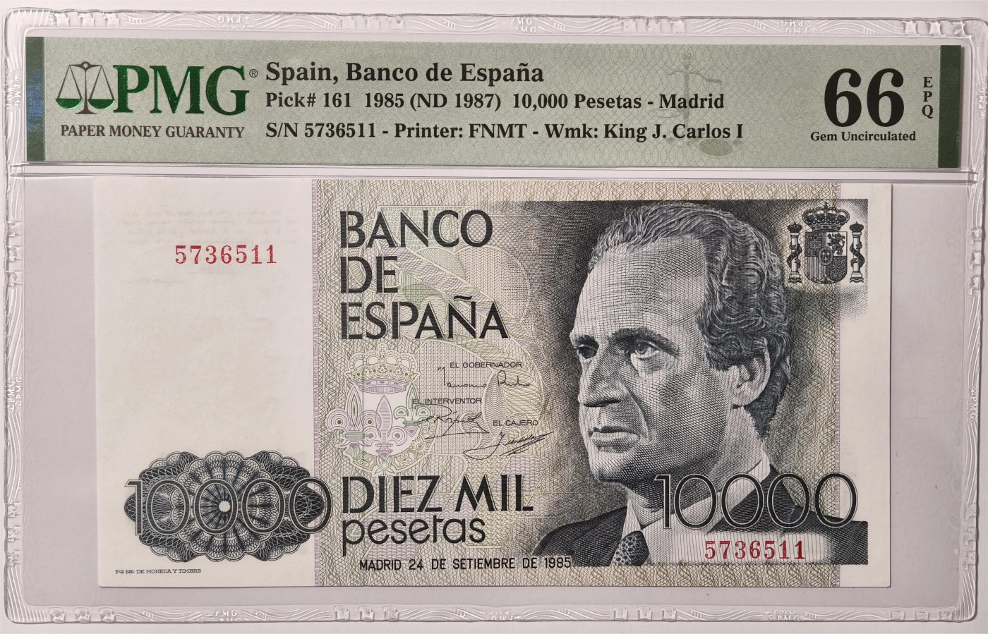 紫瑗钱币——第333期拍卖——纸币场 【PMG 66EPQ 双尾1】西班牙 1985(1987)年 西班牙银行 卡洛斯一世 10000比塞塔 (P-161）