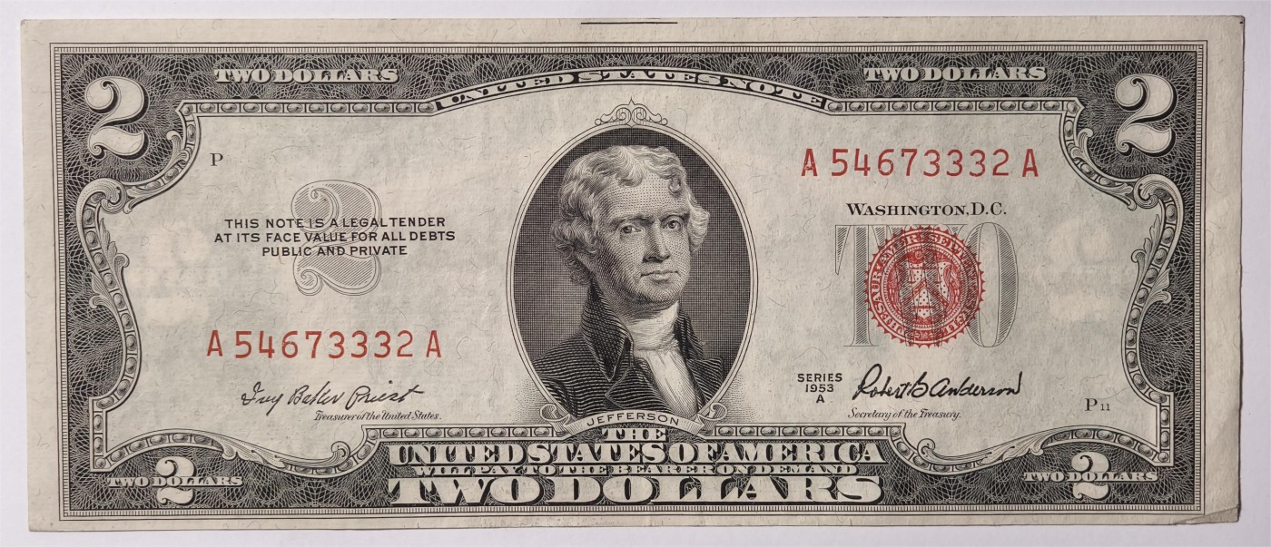 紫瑗钱币——第333期拍卖——纸币场 美国 1953年 A序列 托马斯·杰斐逊 2美元 红印 政府券 AU