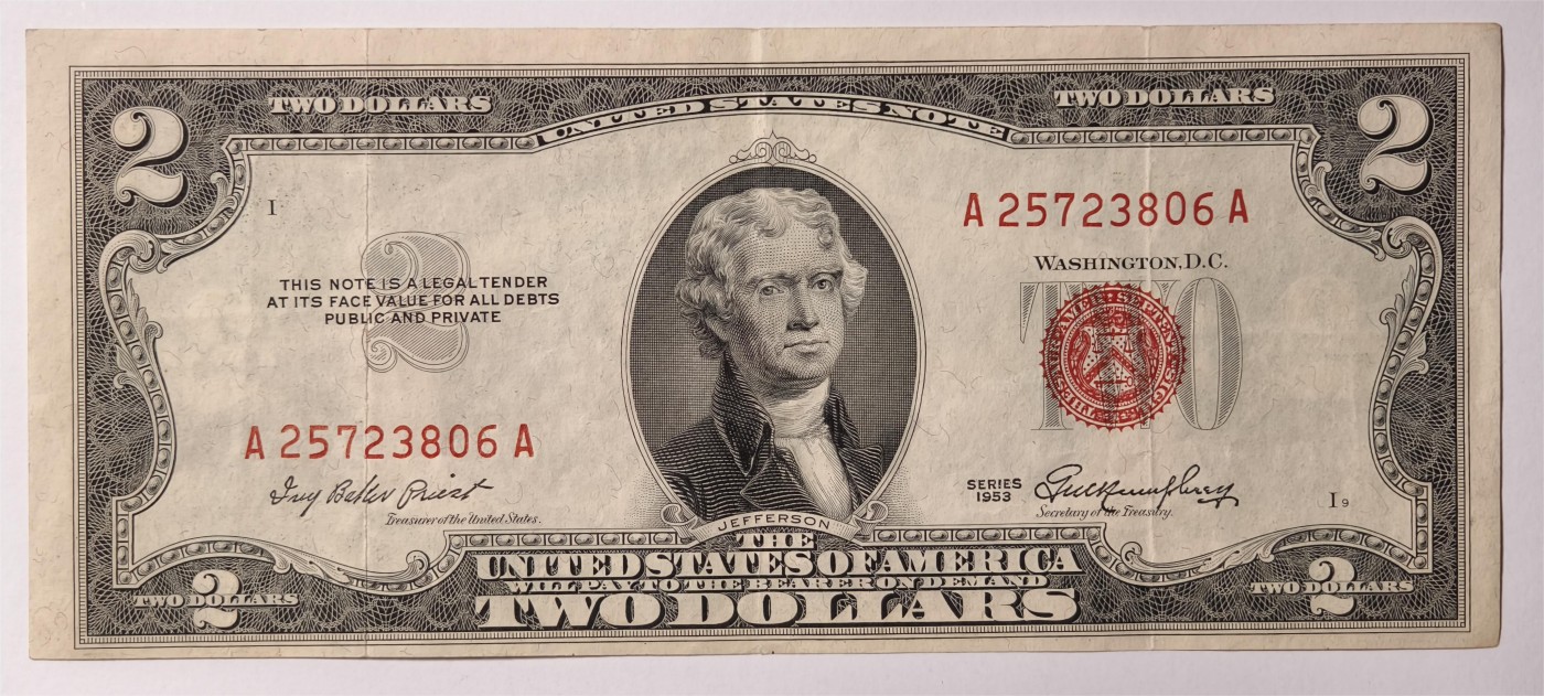 紫瑗钱币——第333期拍卖——纸币场 美国 1953年 无序列 托马斯·杰斐逊 2美元 红印 政府券 AU