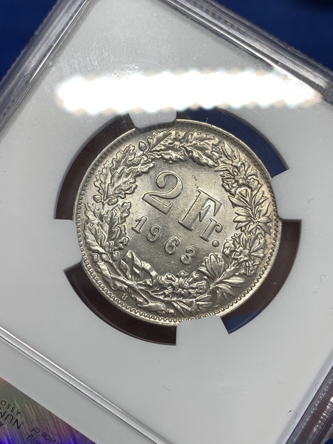 《竞宝斋》第252场-周日，周一2场连拍 (全场包邮) NGC MS62 瑞士 1963年 赫尔维蒂亚 雪山女神 2法郎 银币