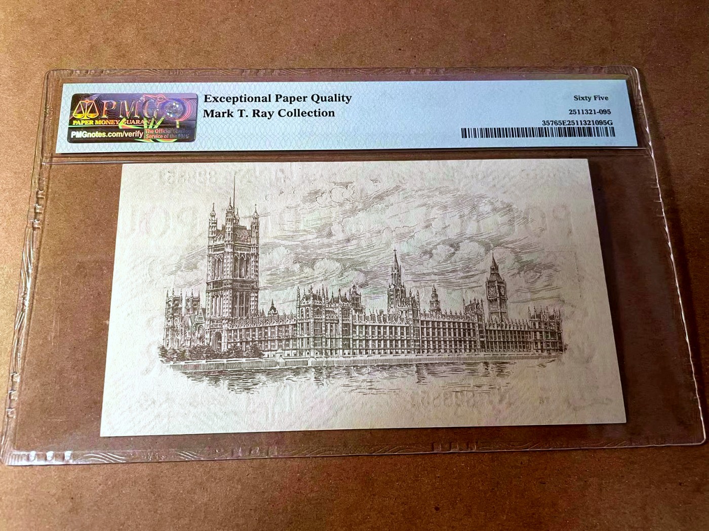 【Blue Auction】✨世界纸币精拍第450期——英伦三岛专场 【p357 无47 名家旧藏】英格兰1919年1镑 PMG65EPQ 乔治五世  经典圣乔治屠龙和威斯敏斯特设计  