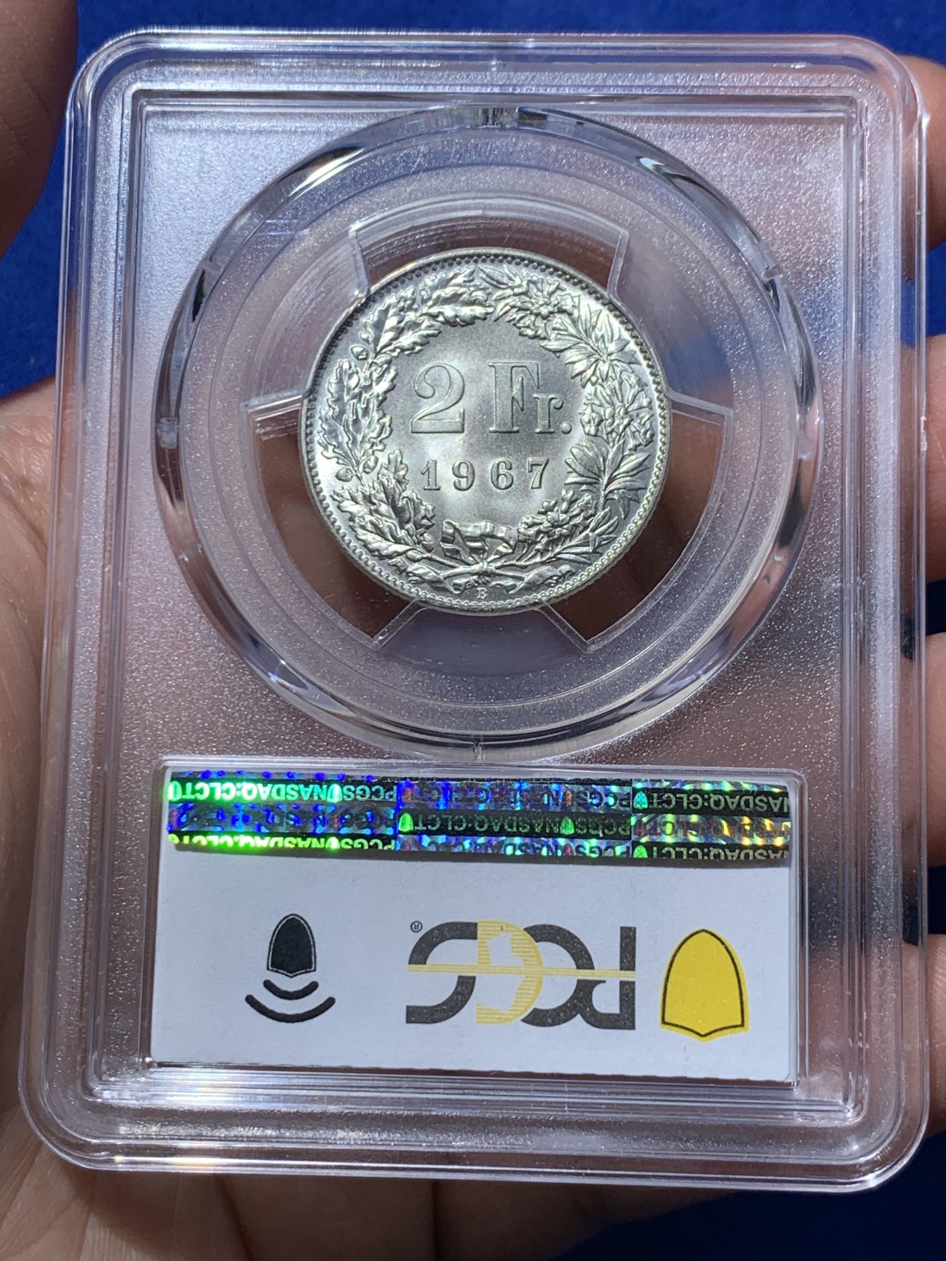 《竞宝斋》第252场-周日，周一2场连拍 (全场包邮) PCGS MS68 1967年瑞士2法郎银币，关门年份，完美品质，光泽丝滑，2法郎极致高分，十分难求