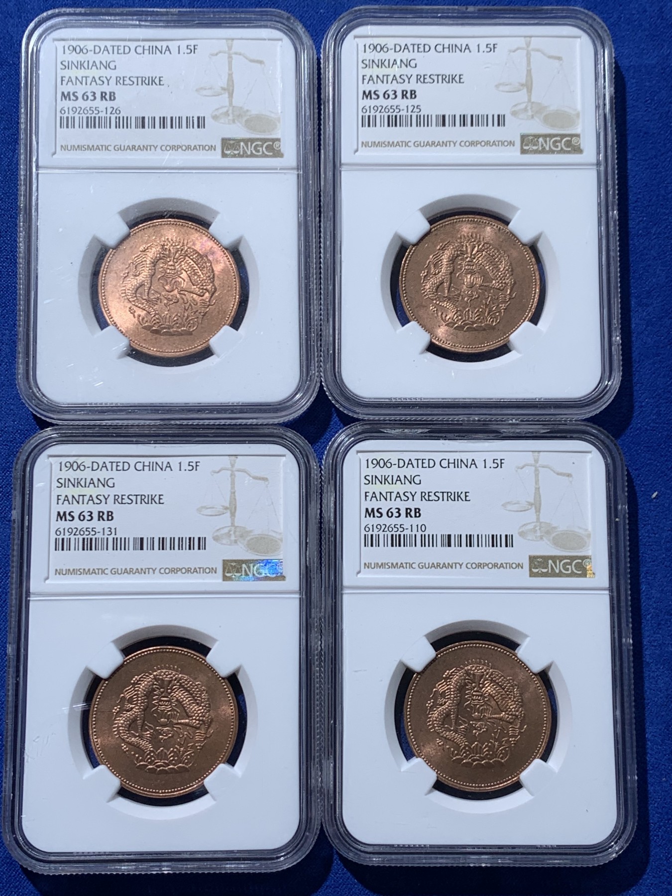 《竞宝斋》第252场-周日，周一2场连拍 (全场包邮) 4枚一组 NGC MS63RB 新疆1906通用宣统元宝当银1.5分铜币 臆造后铸版
