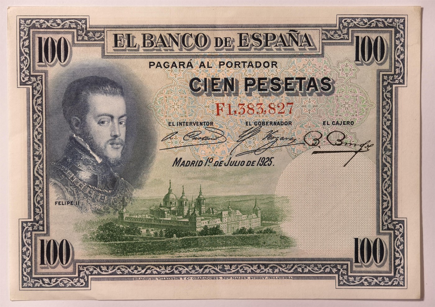 紫瑗钱币——第333期拍卖——纸币场 西班牙 1925年 油画《腓力二世的座椅》 100比塞塔 AU