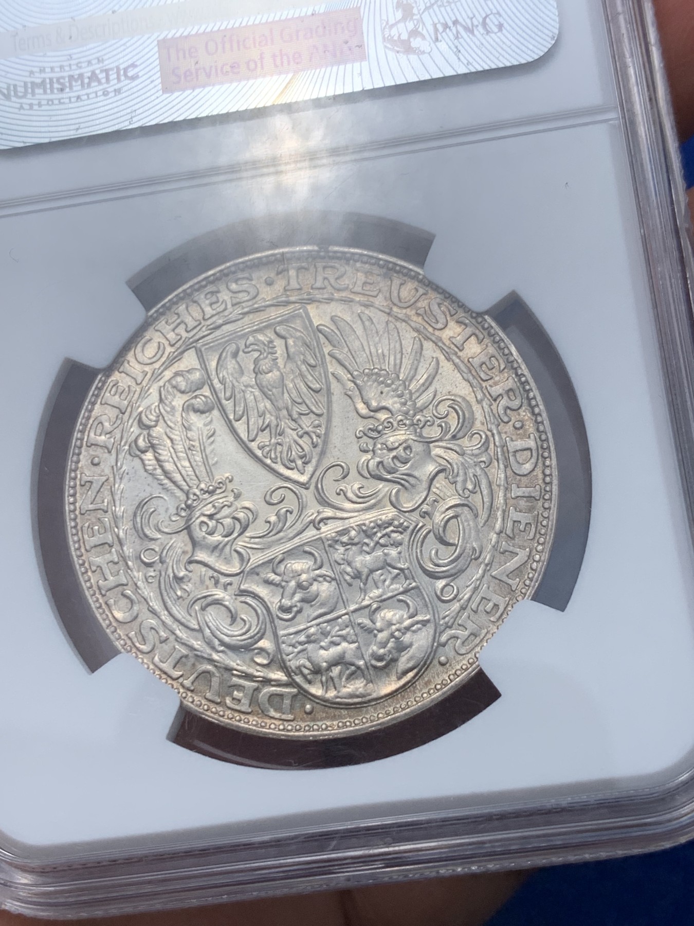 《竞宝斋》第252场-周日，周一2场连拍 (全场包邮) NGC MS62 魏玛德国 1927年 兴登堡80大寿5马克币型银章，卡尔哥茨经典作品