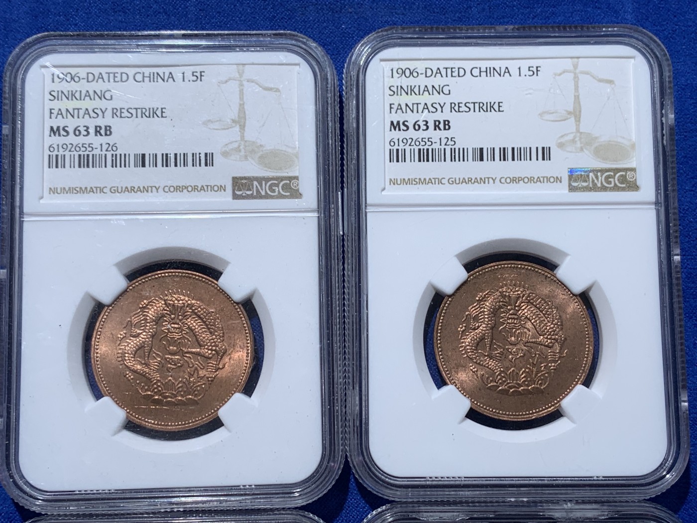 《竞宝斋》第252场-周日，周一2场连拍 (全场包邮) 4枚一组 NGC MS63RB 新疆1906通用宣统元宝当银1.5分铜币 臆造后铸版