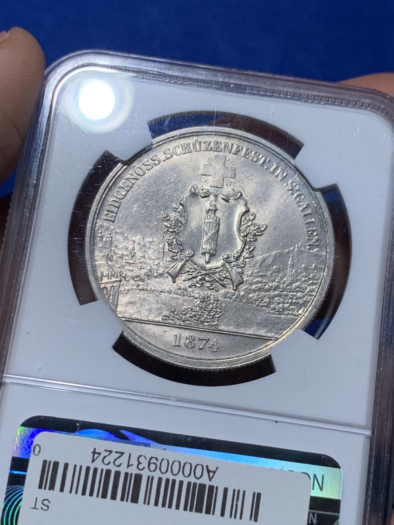 《竞宝斋》第252场-周日，周一2场连拍 (全场包邮) NGC MS65 瑞士1874圣加仑射击节5法郎银币 顶级高分