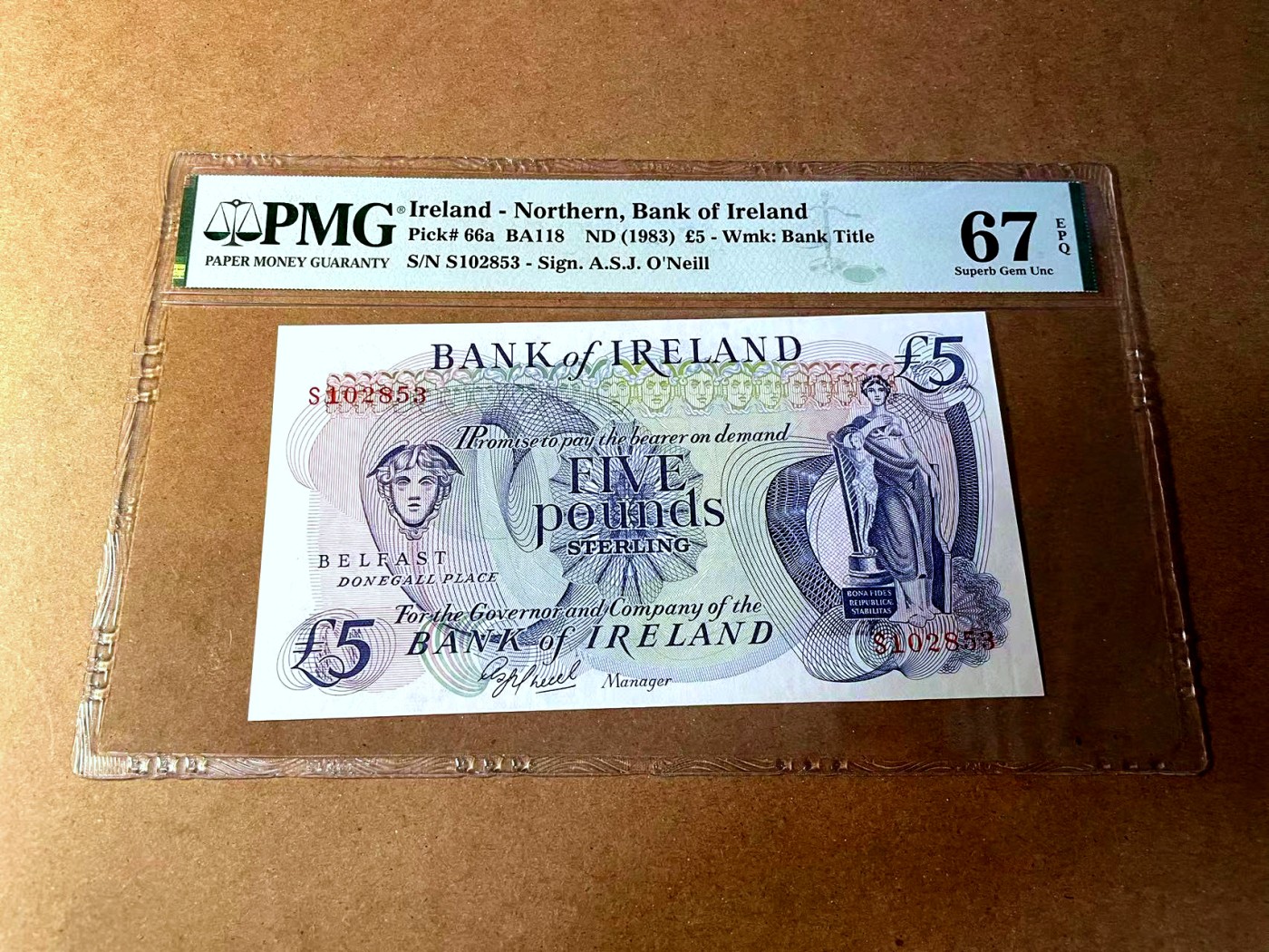 【Blue Auction】✨世界纸币精拍第450期——英伦三岛专场 【p66a 无47】北爱尔兰 1983年5镑 PMG67EPQ高分