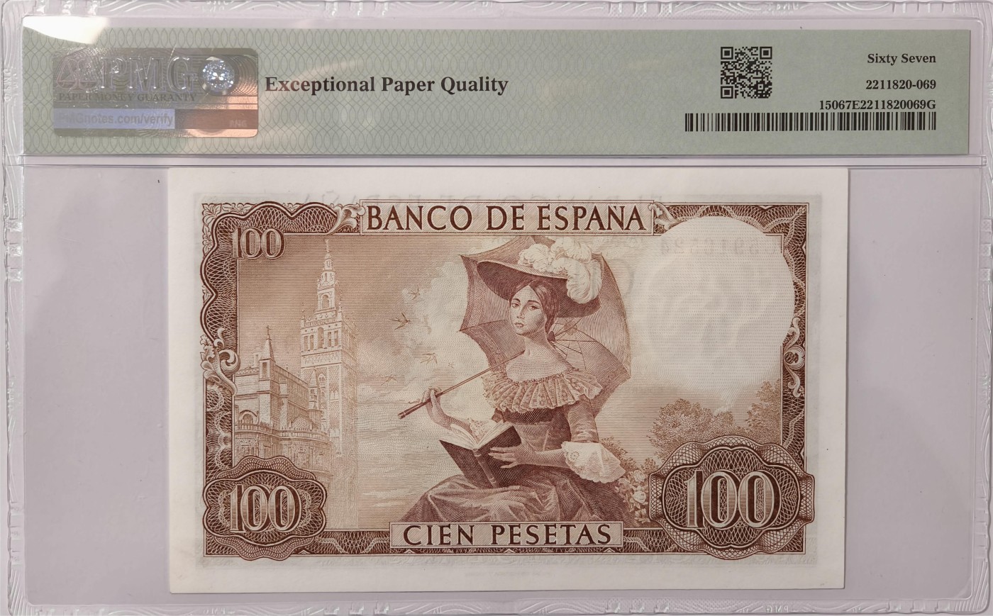 紫瑗钱币——第361期拍卖——纸币场 【PMG 67EPQ】西班牙 1965年 古斯塔沃·阿道夫·贝克凯尔 100比塞塔 (P-150)