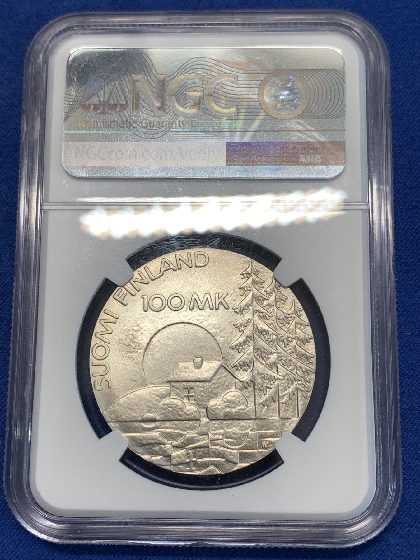 《竞宝斋》第252场-周日，周一2场连拍 (全场包邮) NGC MS69 1990年芬兰早期纪念银币，战争伤残人协会成立50周年，100芬兰马克，830银，亚军分！
