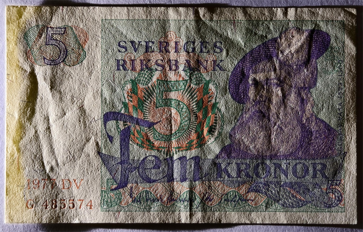 紫瑗钱币——第333期拍卖——纸币场 瑞典 1977年 瑞典银行 古斯塔夫一世 5克朗 浅字 AU