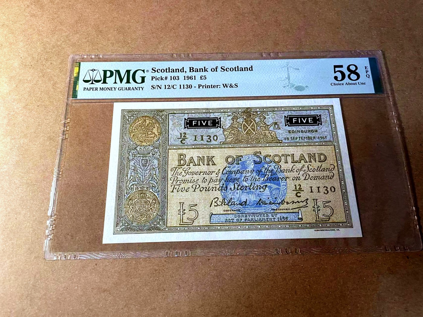【Blue Auction】✨世界纸币精拍第450期——英伦三岛专场 【p103 1130小号】苏格兰 1961年5镑 PMG58EPQ 原票