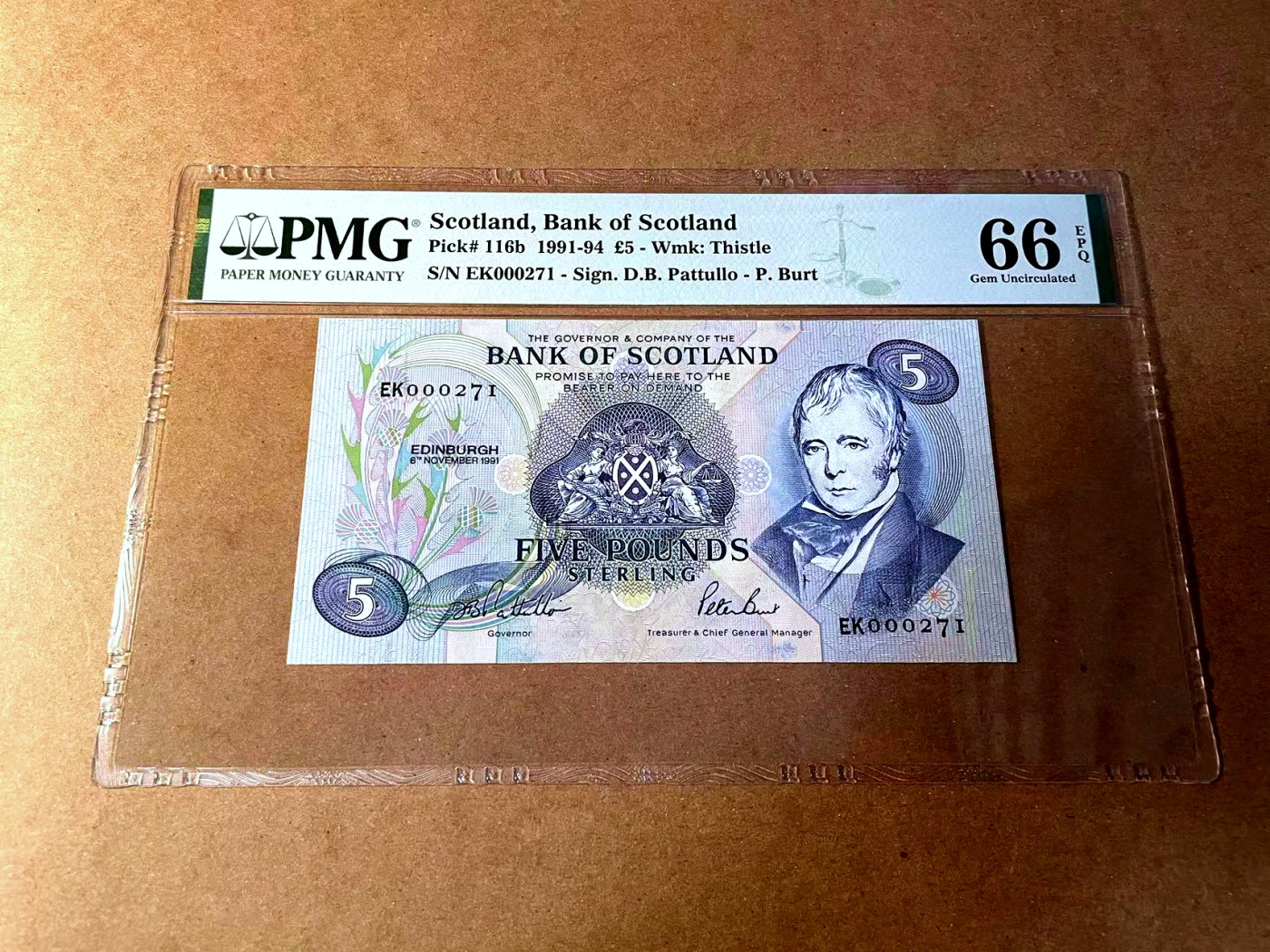 【Blue Auction】✨世界纸币精拍第450期——英伦三岛专场 【p116b 百位小号】苏格兰 1991-94年5镑 PMG66EPQ 