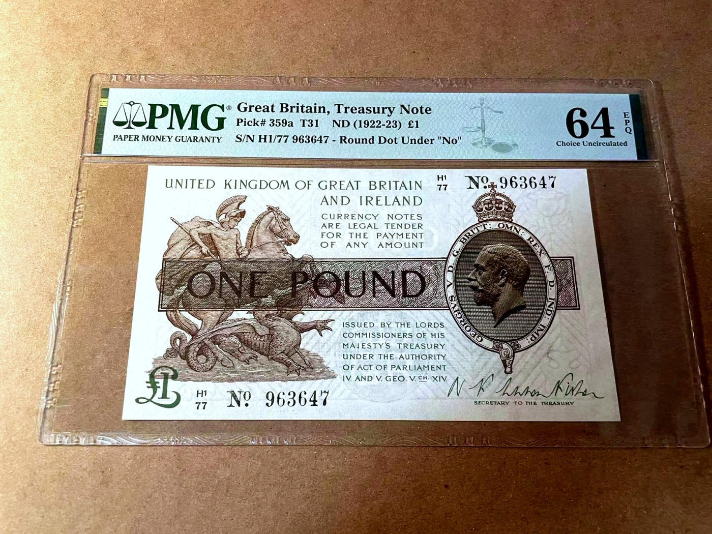 【Blue Auction】✨世界纸币精拍第450期——英伦三岛专场  【p359a】英格兰1922-23年1镑 PMG64EPQ 乔治五世 经典圣乔治屠龙和威斯敏斯特设计