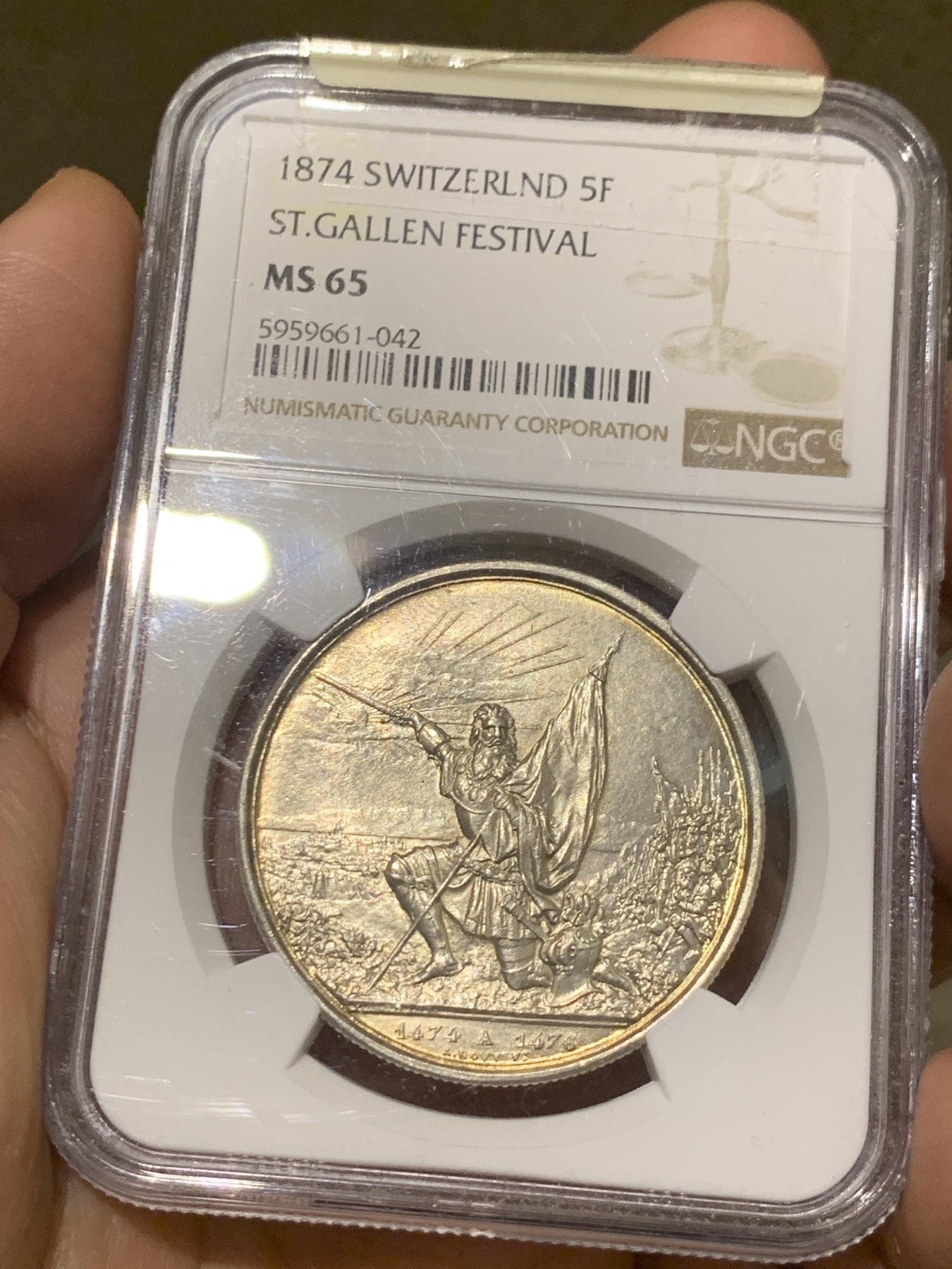 《竞宝斋》第252场-周日，周一2场连拍 (全场包邮) NGC MS65 瑞士1874圣加仑射击节5法郎银币 顶级高分