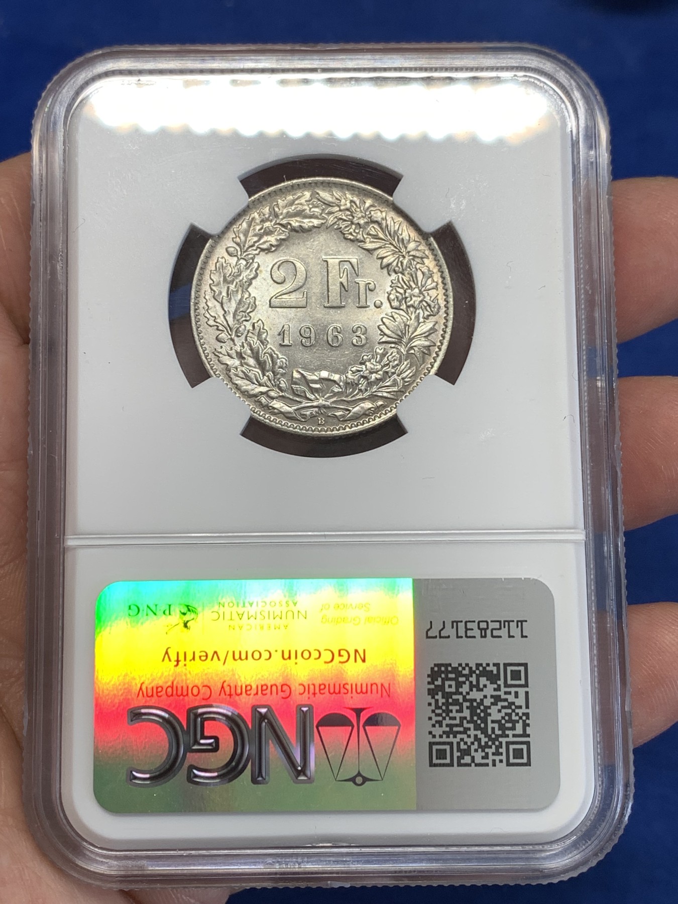 《竞宝斋》第252场-周日，周一2场连拍 (全场包邮) NGC MS62 瑞士 1963年 赫尔维蒂亚 雪山女神 2法郎 银币