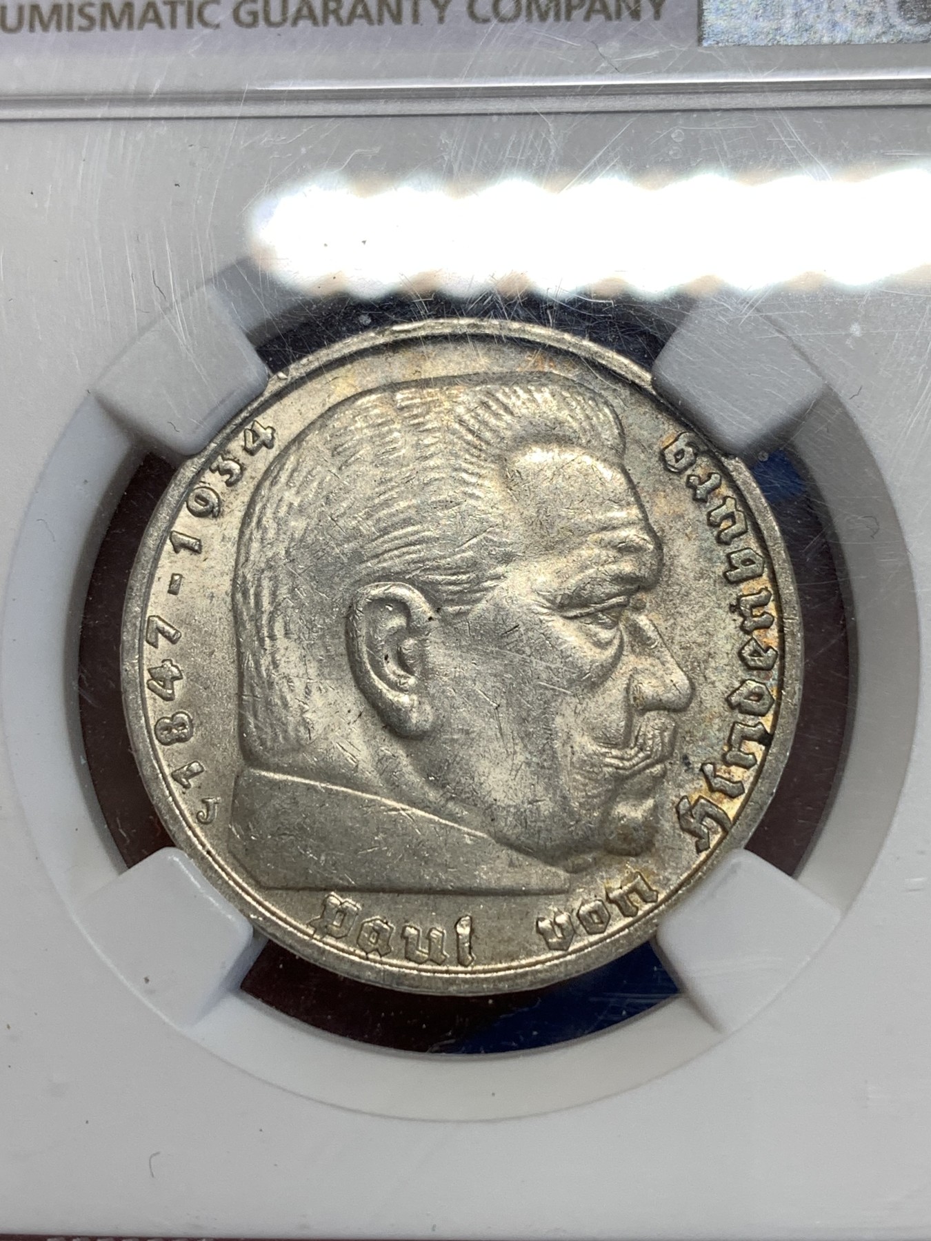 《竞宝斋》第252场-周日，周一2场连拍 (全场包邮) NGC MS63 德国1939年J版兴登堡5马克银币