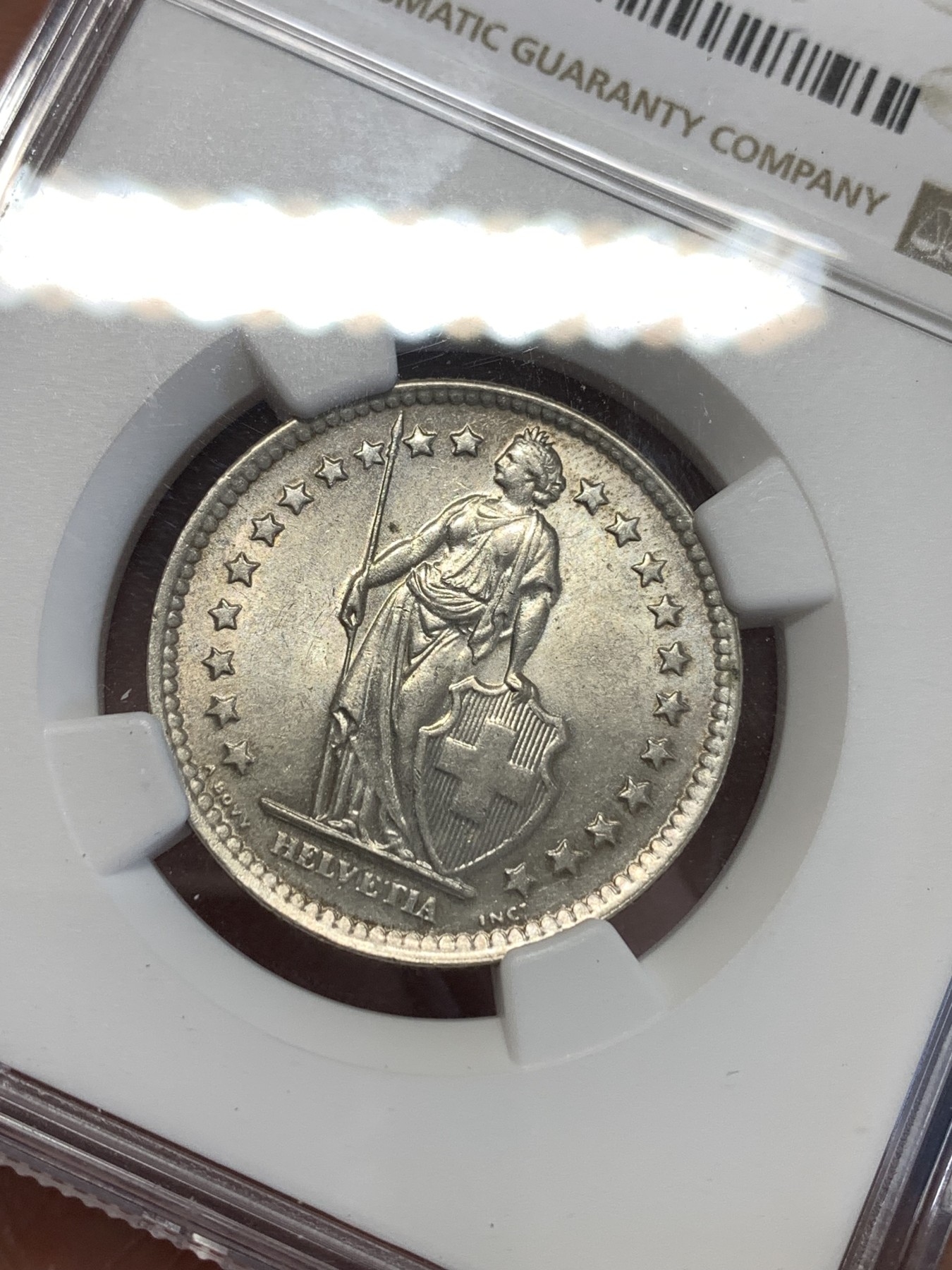 《竞宝斋》第252场-周日，周一2场连拍 (全场包邮) NGC MS62 瑞士 1963年 赫尔维蒂亚 雪山女神 2法郎 银币
