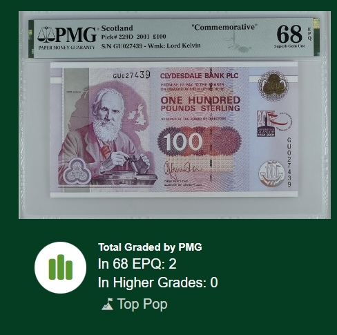【Blue Auction】✨世界纸币精拍第450期——英伦三岛专场 【p229D 冠军分 仅2张】苏格兰 2001年100镑 格拉斯哥大学 开尔文教授 PMG68EPQ 超高分 纪念钞 非常精美 