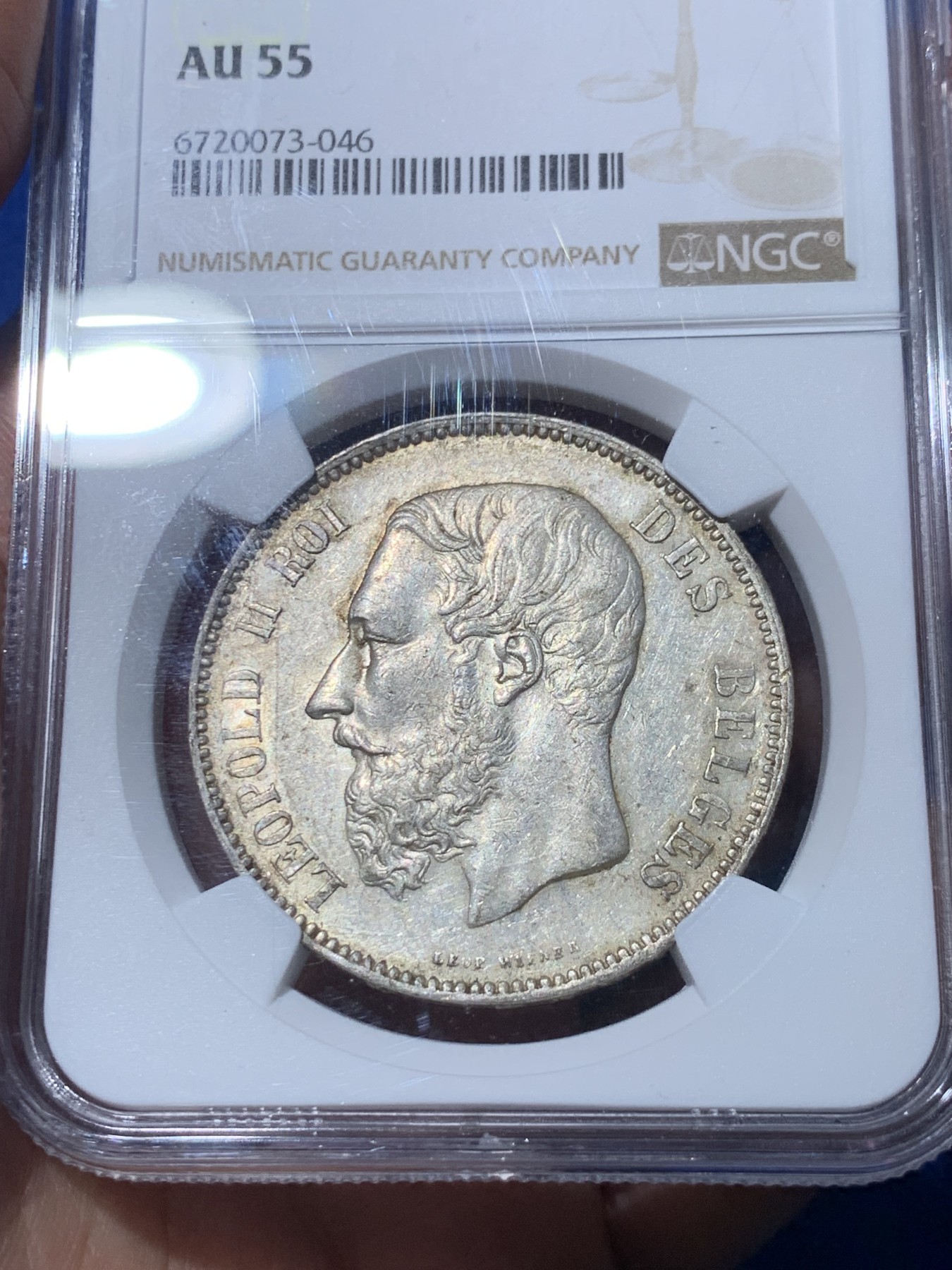 《竞宝斋》第252场-周日，周一2场连拍 (全场包邮) NGC AU55 比利时1875年利奥波德5法郎银币