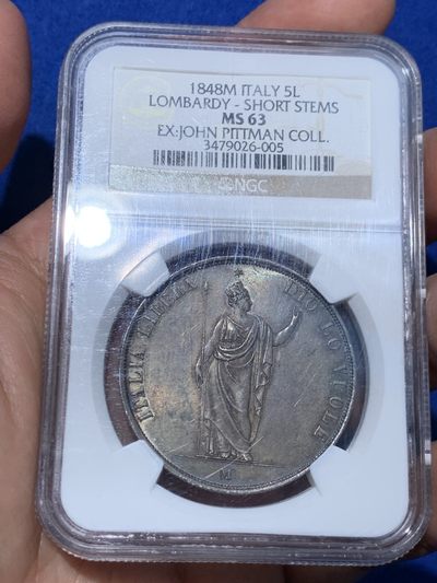 《竞宝斋》第252场-周日，周一2场连拍 (全场包邮) - NGC MS63 意大利伦巴第1848年5里拉大银 皮特曼大神旧藏，老包浆！