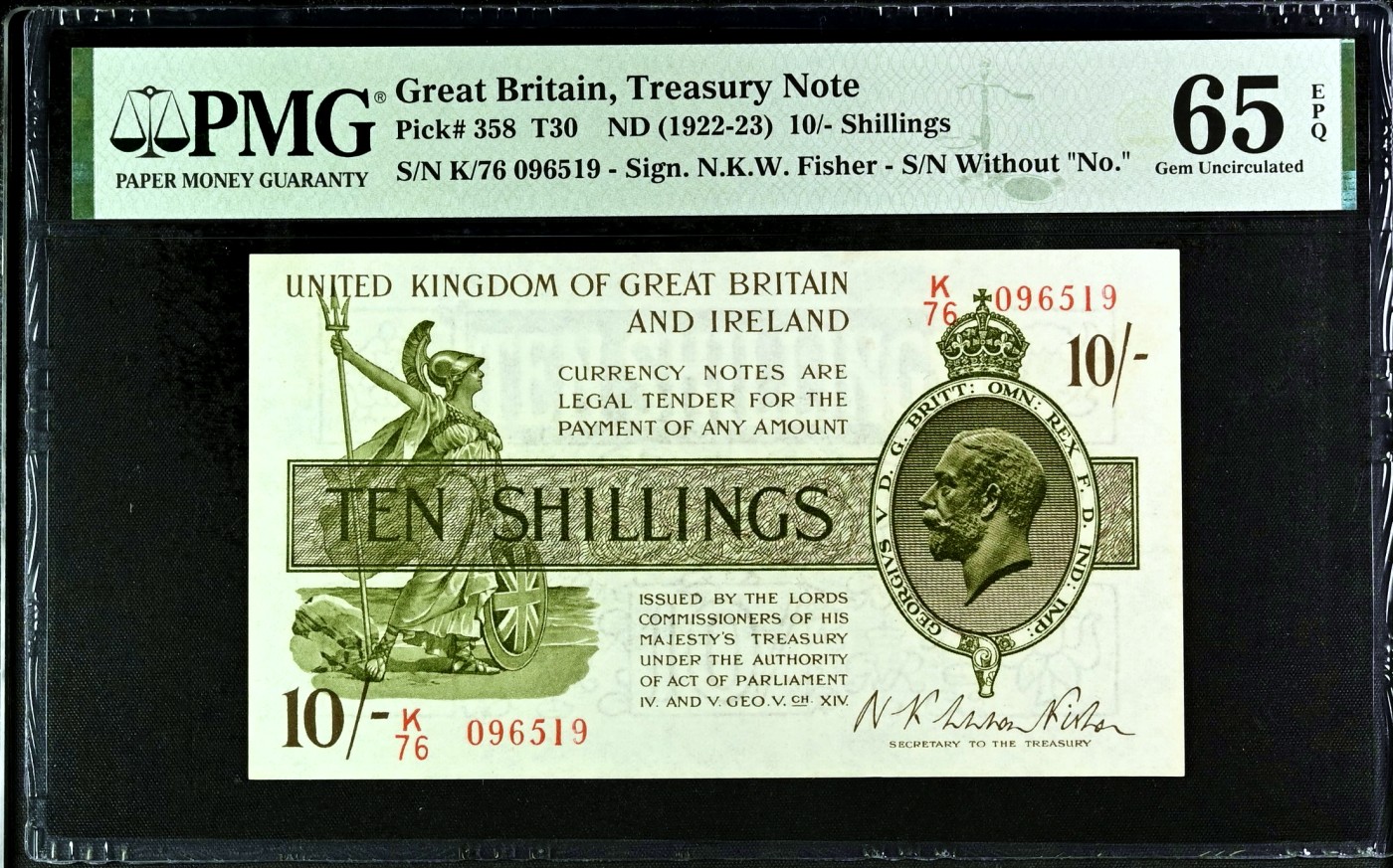 【Blue Auction】✨世界纸币精拍第450期——英伦三岛专场 【无47 p358】英格兰 1922-23年10先令 乔治五世 PMG65EPQ   经典不列颠尼亚和威斯敏斯特设计 第三版财政部券 绝品较为稀少