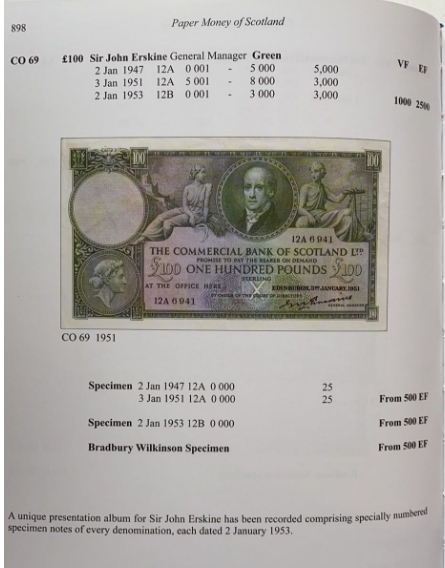 【Blue Auction】✨世界纸币精拍第450期——英伦三岛专场 【冠军分 仅2张 pS335 大珍】苏格兰商业银行1951年100镑 PMG58EPQ 原票 背面大场景 BWC雕刻精美  该日期仅发行3000张 当时为了适应苏格兰当地银行的柜台大小，员工往往会在新钞发行前折一到两次放入抽屉，所以PMG58E已是该版纸币事实意义上的全新品，极为难得 