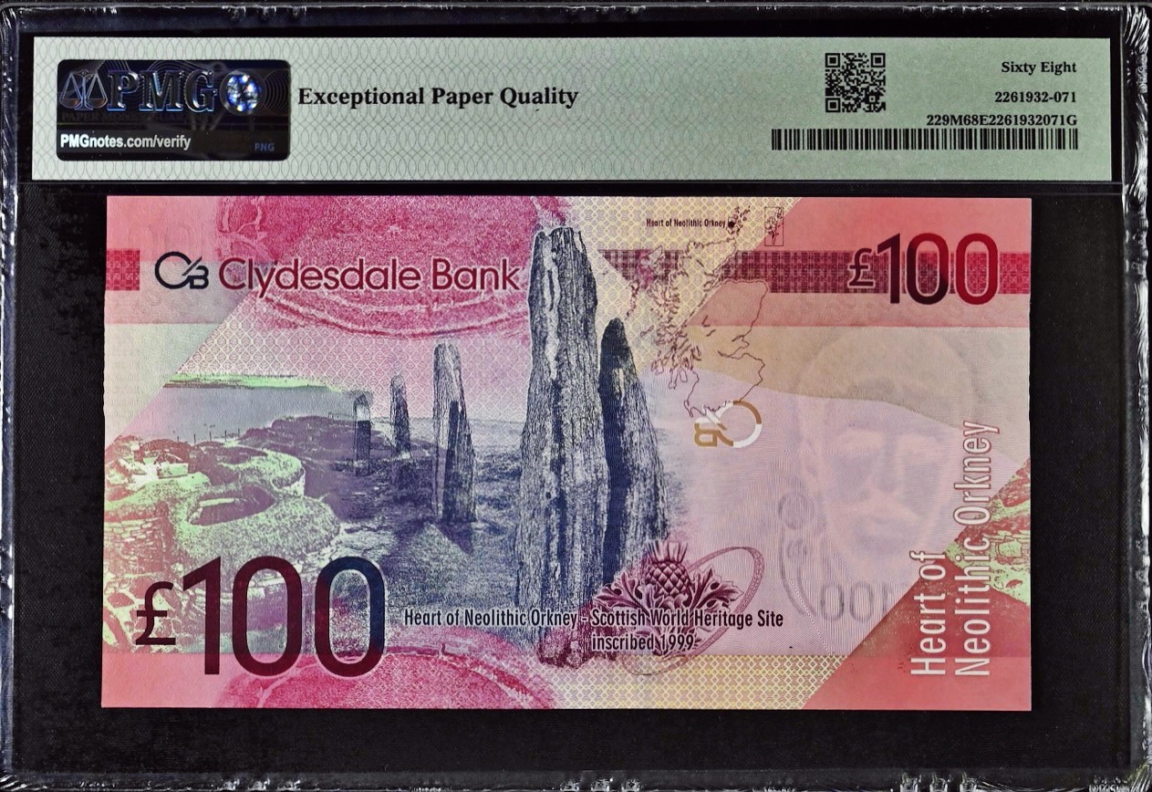 【Blue Auction】✨世界纸币精拍第450期——英伦三岛专场 【W/HS首发冠 p229M 冠军分 999豹子号】苏格兰 2009年100镑 PMG68EPQ 超高分 设计精美大气