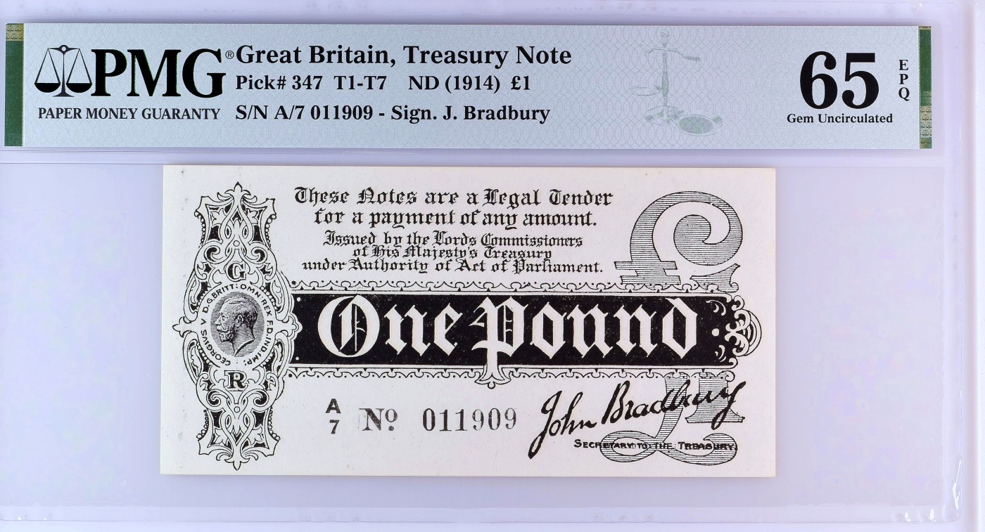 【Blue Auction】✨世界纸币精拍第450期——英伦三岛专场  【珍品 p347 倒置号】英格兰 1914年1镑 PMG65EPQ 第一版财政部券 发行期仅为数月的英国第一版彩色纸币（该套10先令），因法律问题由财政部而非英格兰银行发行，全新品极其珍罕