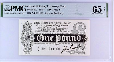 【Blue Auction】✨世界纸币精拍第450期——英伦三岛专场 -  【珍品 p347 倒置号】英格兰 1914年1镑 PMG65EPQ 第一版财政部券 发行期仅为数月的英国第一版彩色纸币（该套10先令），因法律问题由财政部而非英格兰银行发行，全新品极其珍罕