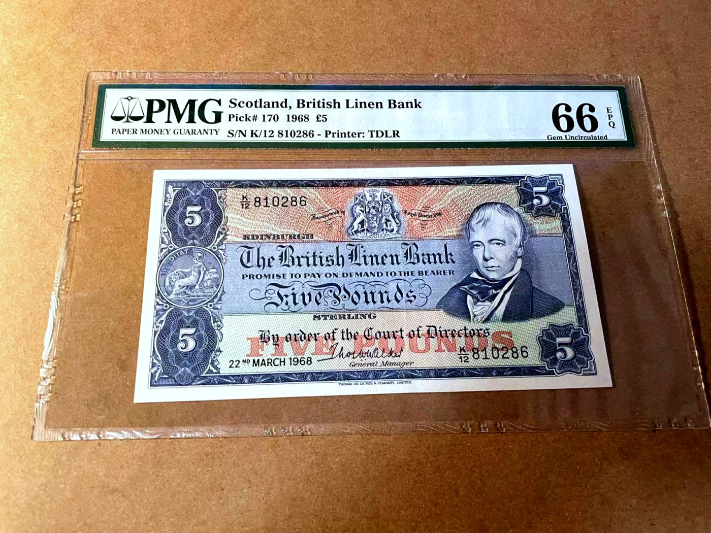 【Blue Auction】✨世界纸币精拍第450期——英伦三岛专场 【无47  p170】苏格兰 1968年5镑 PMG66EPQ  