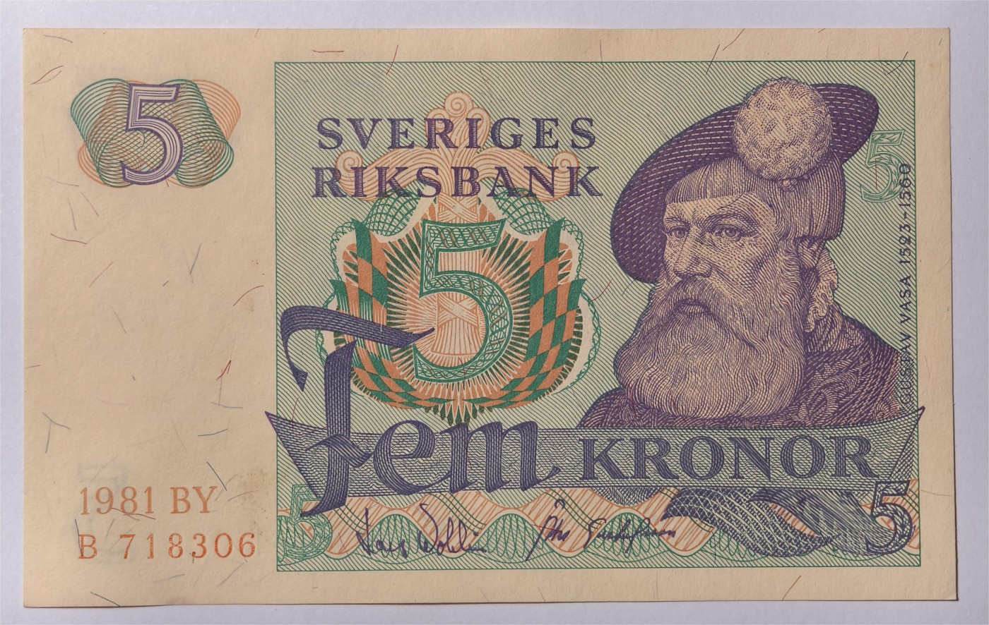 紫瑗钱币——第347期拍卖——纸币场 瑞典 1981年 瑞典银行 古斯塔夫一世 5克朗 浅字 UNC