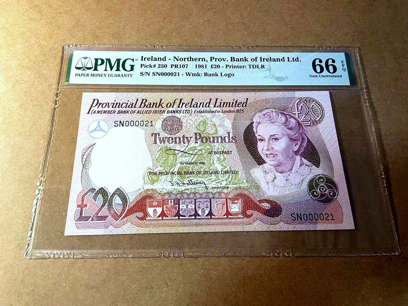 【Blue Auction】✨世界纸币精拍第450期——英伦三岛专场 【p250 21小号 仅1张更高分 少见版本】北爱尔兰 1981年20镑 PMG66EPQ 