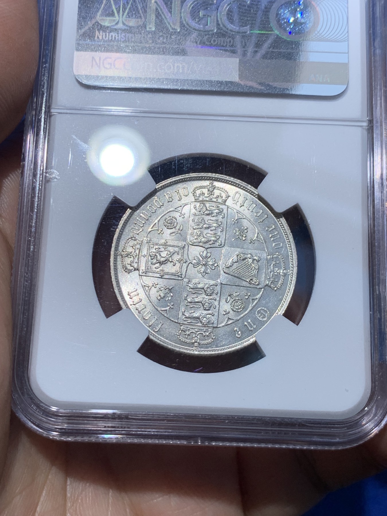 《竞宝斋》第252场-周日，周一2场连拍 (全场包邮) NGC MS62 英国1873哥特弗洛林银币，有点低评，背面纹章细节非常好，每个小狮子都打的很清晰，怎么看也有63吧。