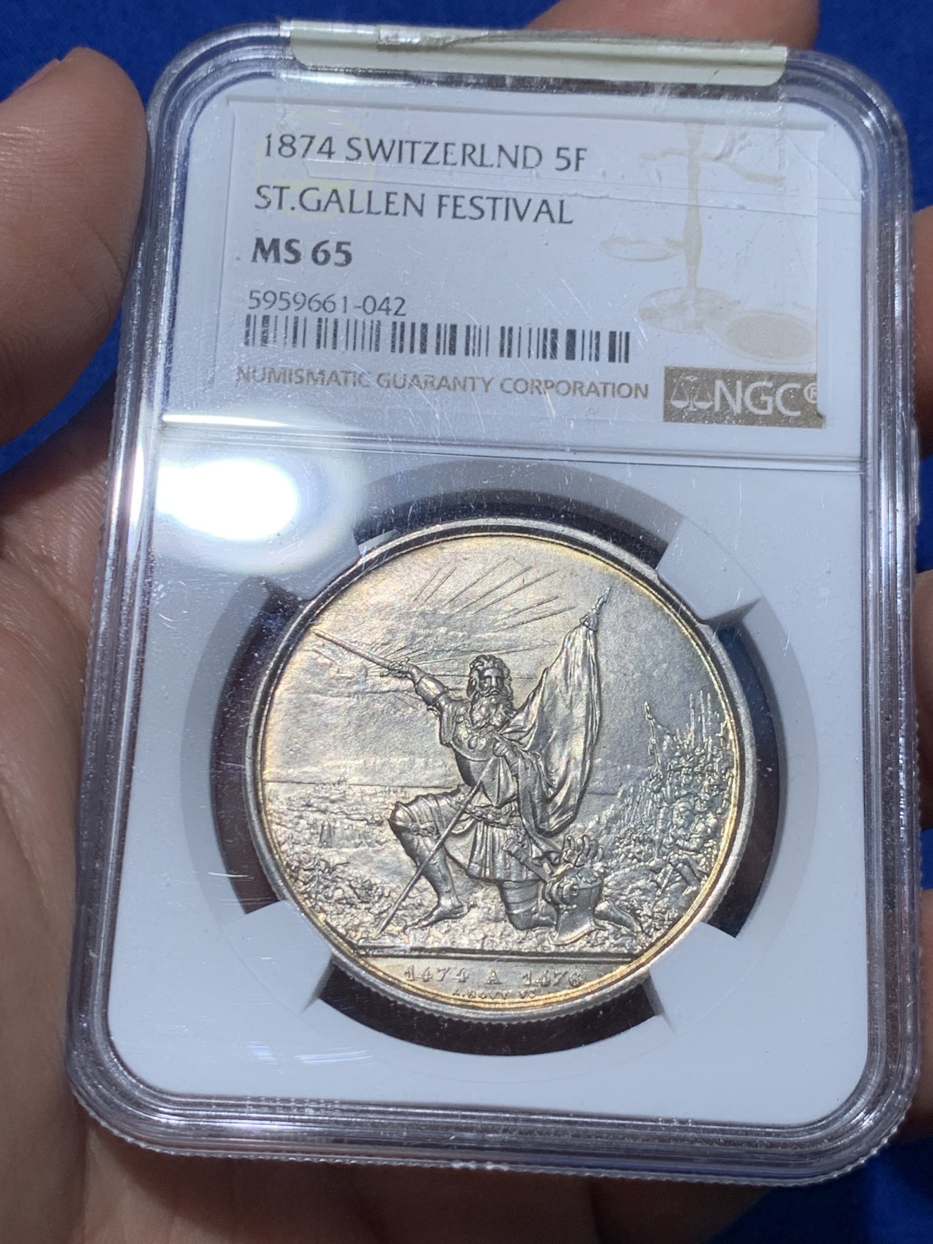 《竞宝斋》第252场-周日，周一2场连拍 (全场包邮) NGC MS65 瑞士1874圣加仑射击节5法郎银币 顶级高分
