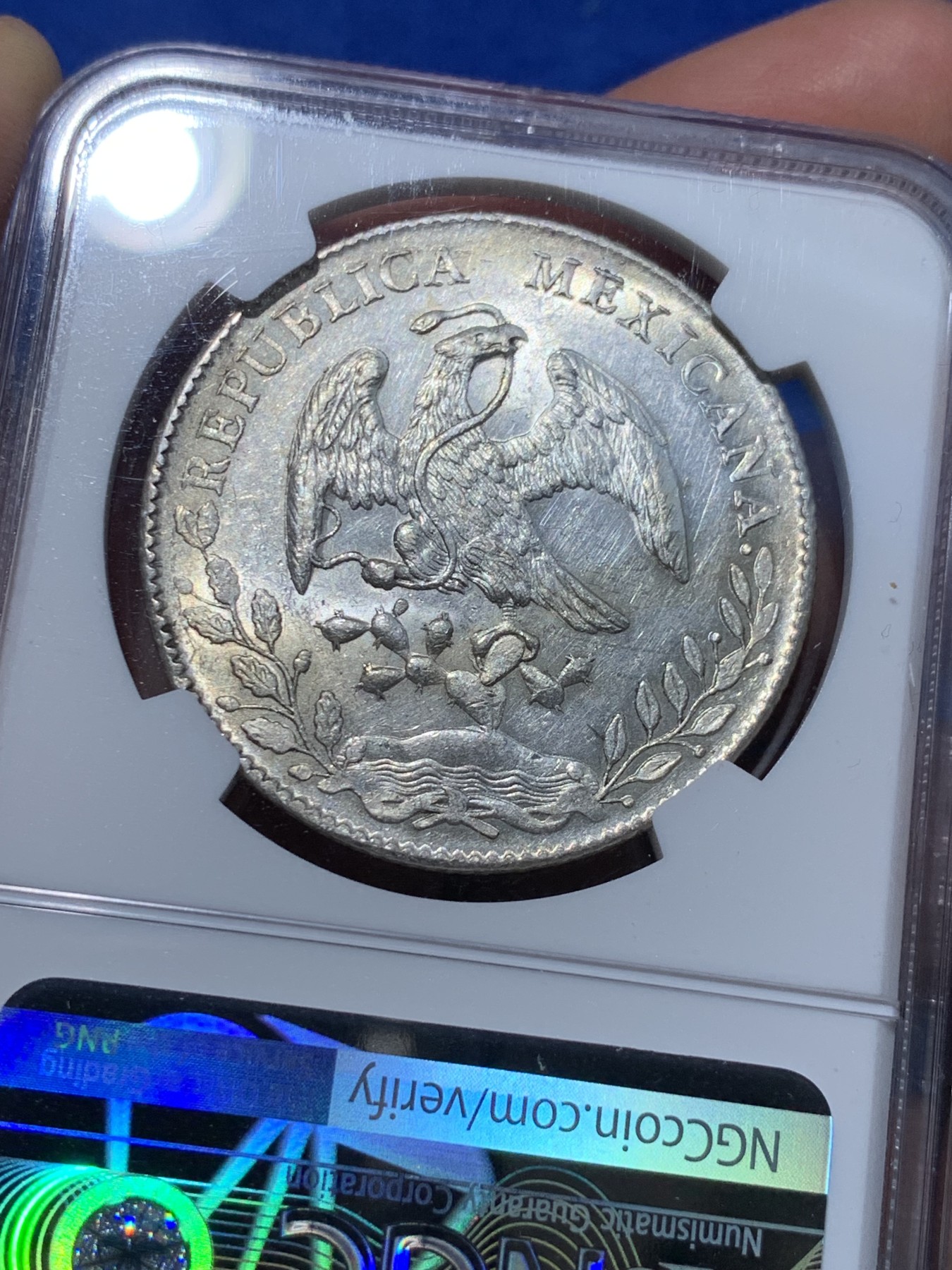 《竞宝斋》第252场-周日，周一2场连拍 (全场包邮) NGC MS61 墨西哥 1894年 8瑞尔 鹰洋 银币 ZS厂 车轮原光 完全未使用状态 低评了