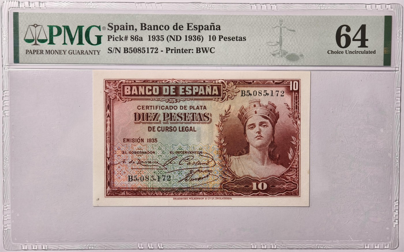 紫瑗钱币——第375期拍卖——纸币场 【PMG 64 】西班牙 1935(1936) 年 西班牙银行 女神 10比塞塔 (86a) BWC出品 (P-86a)