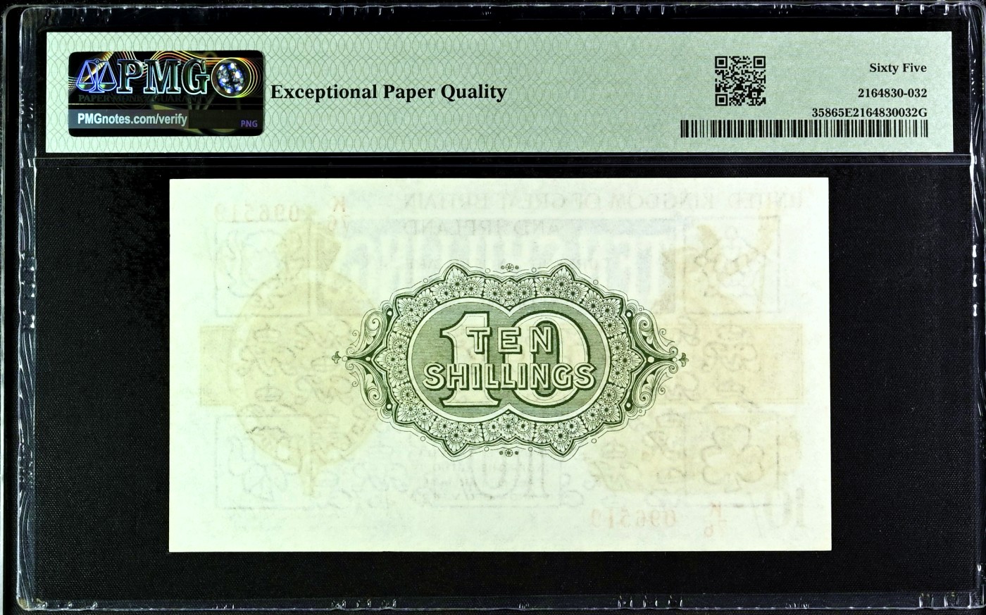 【Blue Auction】✨世界纸币精拍第450期——英伦三岛专场 【无47 p358】英格兰 1922-23年10先令 乔治五世 PMG65EPQ   经典不列颠尼亚和威斯敏斯特设计 第三版财政部券 绝品较为稀少