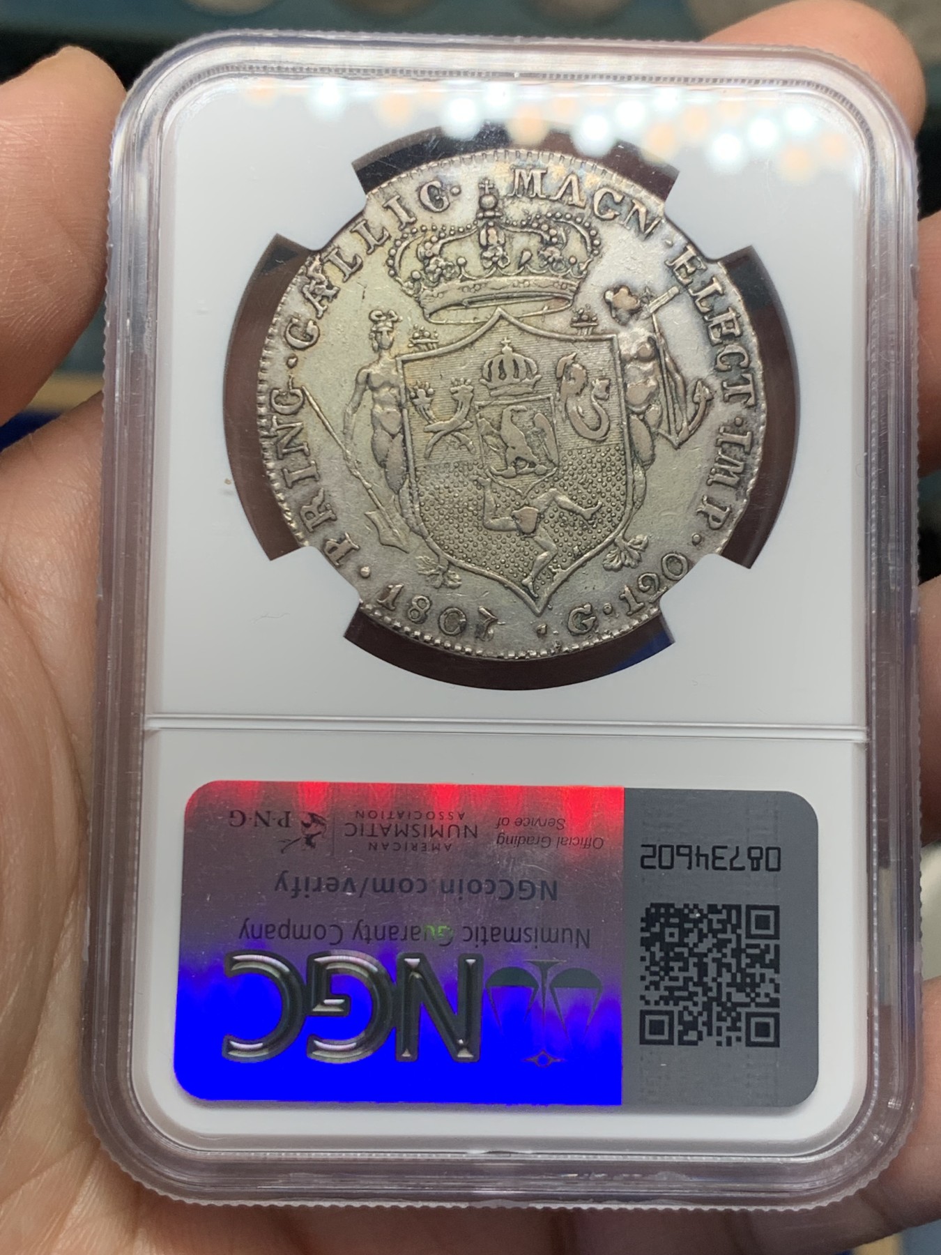《竞宝斋》第252场-周日，周一2场连拍 (全场包邮) NGC AU50 意大利 那不勒斯王国 1807 约瑟夫·拿破仑 120G 大银币 特年 明显1807/6骑字版 N没有标注 稀缺品种  更高分只有2枚  评级的只有拍过一枚 15年前62分4万多成交