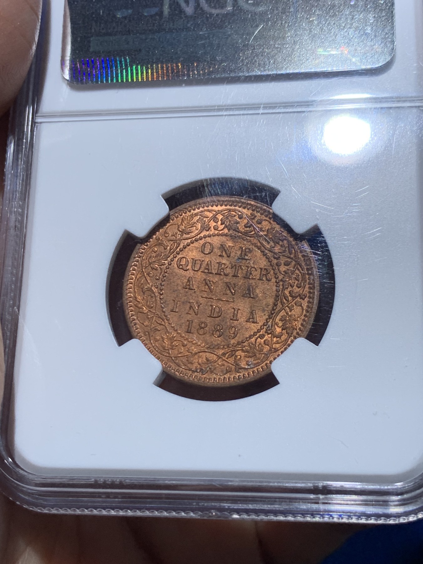 《竞宝斋》第252场-周日，周一2场连拍 (全场包邮) NGC MS63RB 1889英属印度维多利亚1/4安娜铜币 品相好