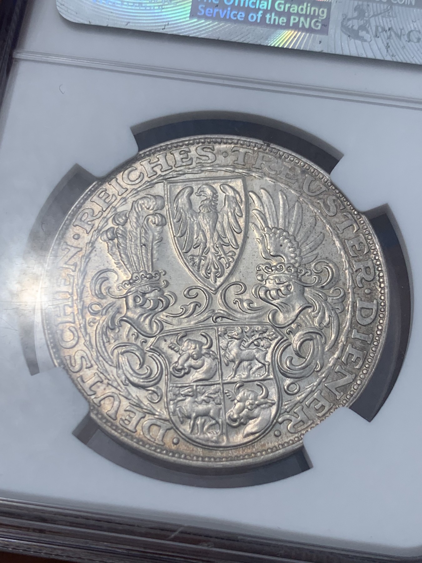 《竞宝斋》第252场-周日，周一2场连拍 (全场包邮) NGC MS62 魏玛德国 1927年 兴登堡80大寿5马克币型银章，卡尔哥茨经典作品
