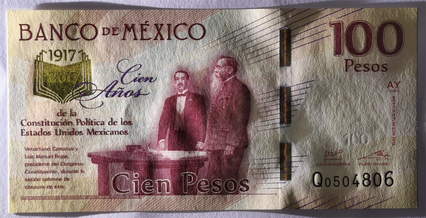 紫瑗钱币——第333期拍卖——纸币场 墨西哥 2017年 宪法颁布100周年 纪念钞 100比索 UNC