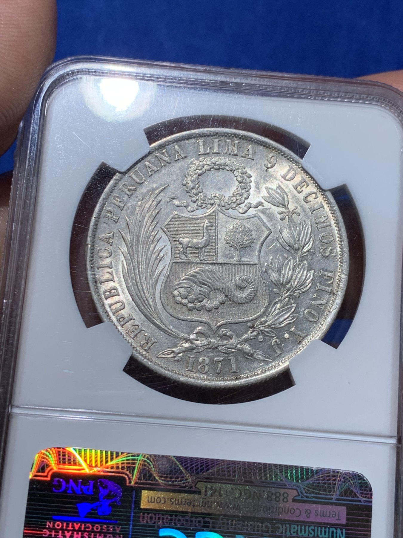 《竞宝斋》第252场-周日，周一2场连拍 (全场包邮) NGC AUD 1871年秘鲁大银币 光度好